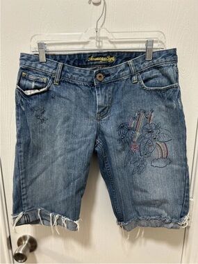 American Eagle Outfitters Blue Embroidered Denim Shorts with Rainbow Detail